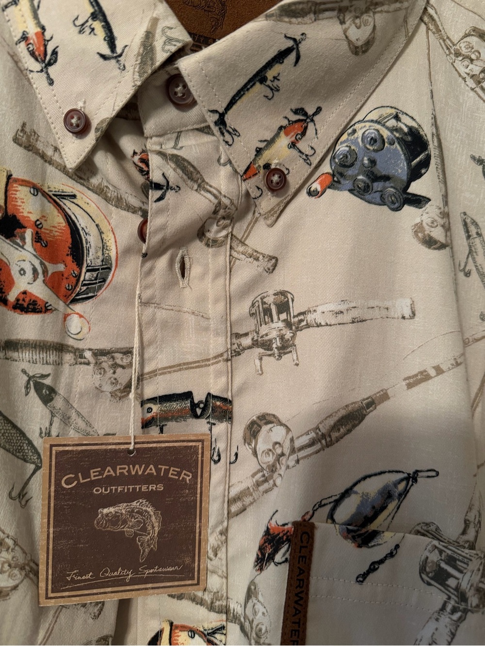 Mens Beige Fishing-Print Long-Sleeve Button-Down Shirt - Picture 2 of 4